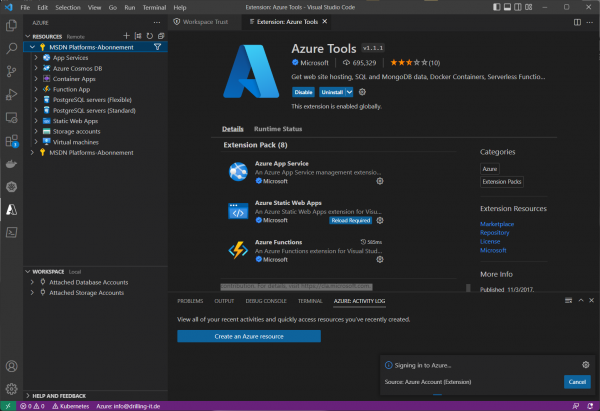 Azure-Ressoucen in VS Code. (Bild: Drilling / Microsoft)