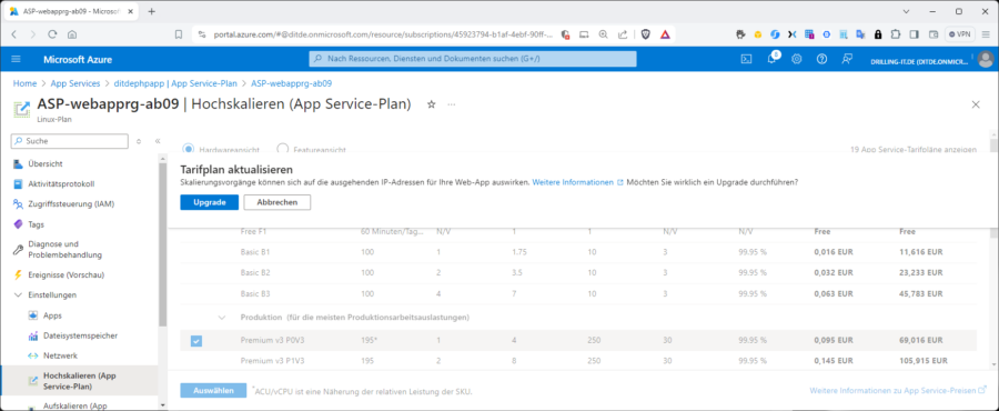 Ändern des App-Service-Plans.