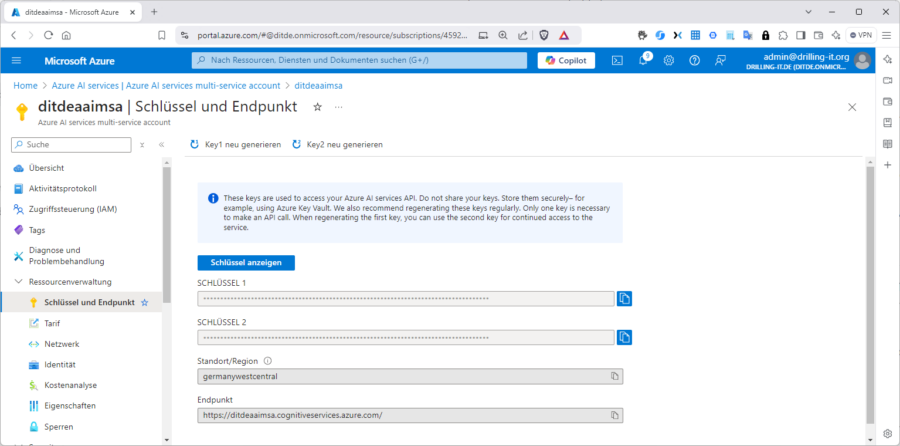 Schlüssel und Endpunkt einer Azure-AI-Ressource.